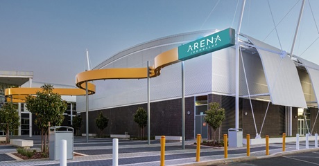 A photo of the front and side of the Arena Joondalup main building