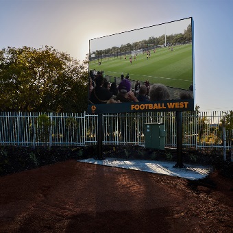 A photo of the large screen erected at the Sam Kerr Football Centre in Queens Park, Perth