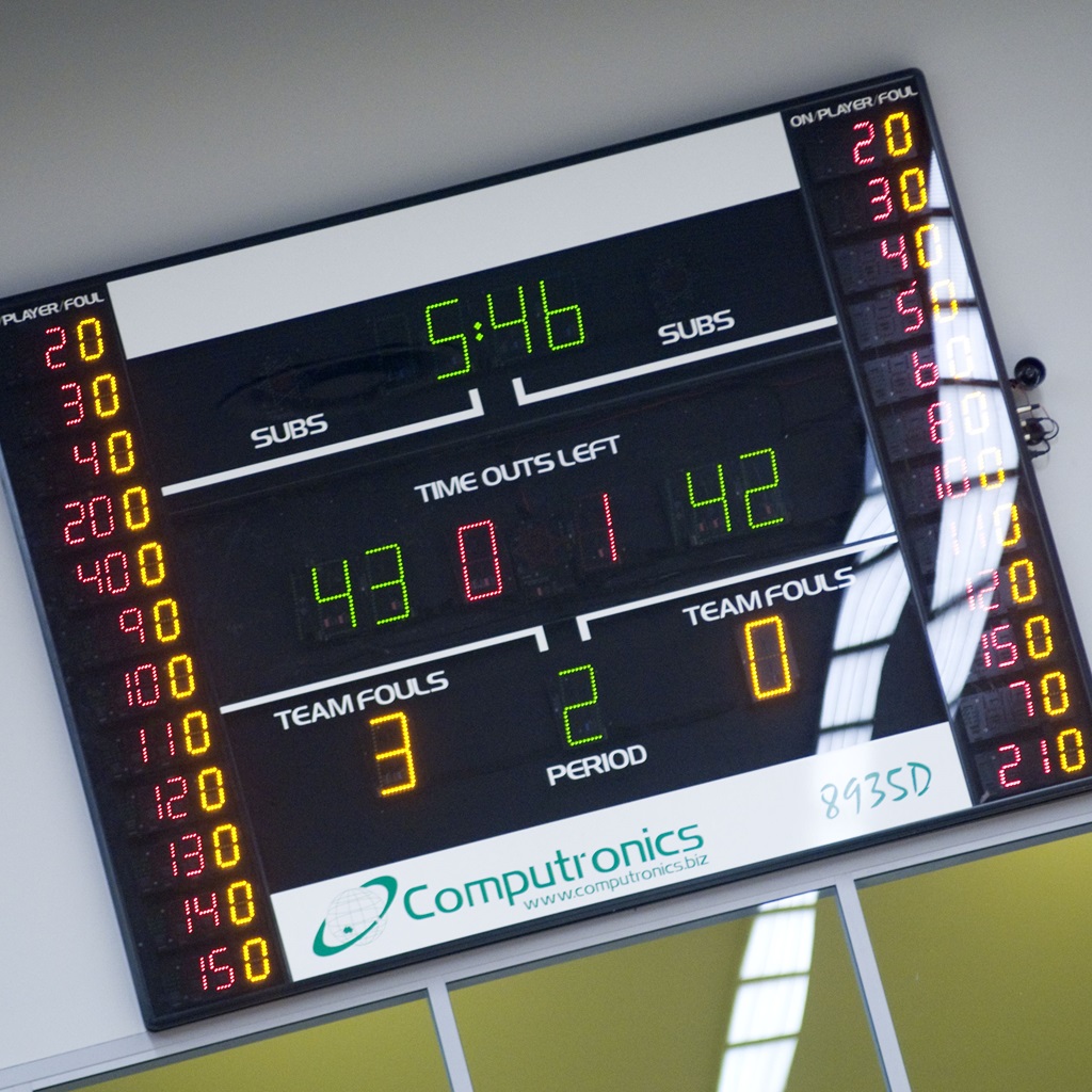 A photo of one of the scoreboards present within the Bendat Basketball Centre in Mount Claremont, Perth