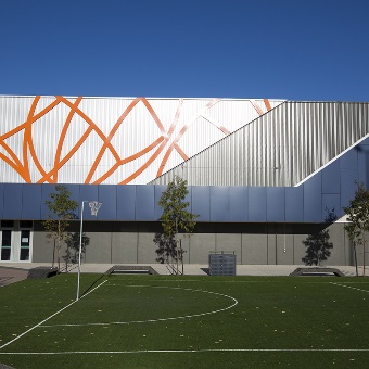 A photo of an outdoor netball court with the main building in the background at the Gold Netball Centre in Jolimont, Perth