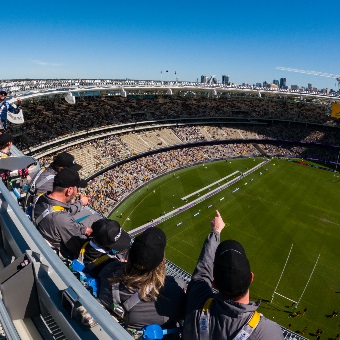 An aerial shot showcasing the view from the rooftop of Optus Stadium during a match