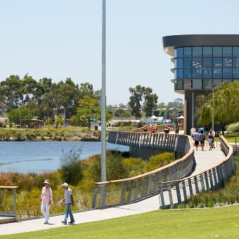 A photo showing paths leading to Optus Stadium